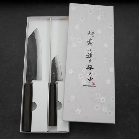 Bunka & Kobunka Blue Steel #2 Kurouchi Ebony Handle Sakura Set-[Musashi]-[Japanese-Kitchen-Knives]