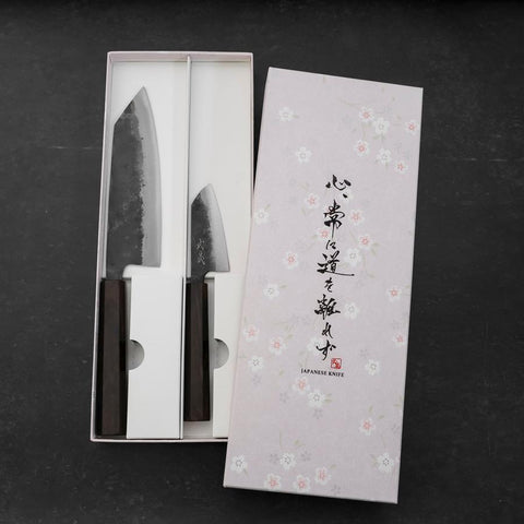 Bunka & Kobunka Blue Steel #2 Kurouchi Ebony Handle Sakura Set-[Musashi]-[Japanese-Kitchen-Knives]