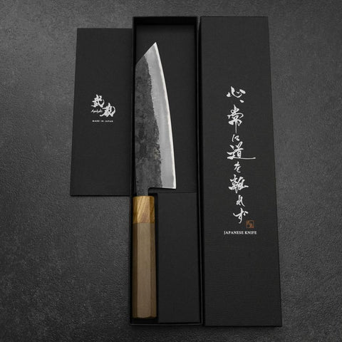 Bunka Stainless Clad Blue Steel #2 Kurouchi Walnut Zelkova Handle 180mm (7”)-[Musashi]-[Japanese-Kitchen-Knives]