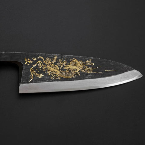 Deba Blue Steel #2 Kurouchi Chokin Dragon Buffalo Ebony Handle 150mm (5.9”)-[Musashi]-[Japanese-Kitchen-Knives]