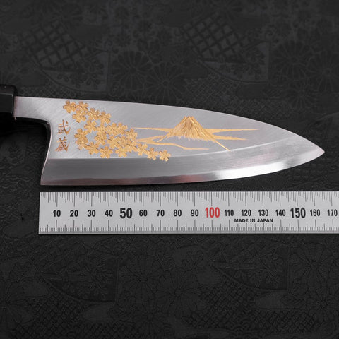 Deba White Steel #2 Kasumi Chokin Gold Sakura-Fuji Buffalo Ebony Handle 165mm (6.5”)-[Musashi]-[Japanese-Kitchen-Knives]