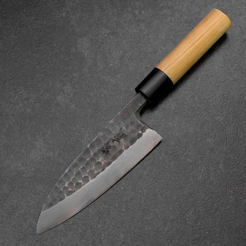 Deba White Steel #2 Left-Hand Kurouchi Tsuchime Cherry Handle 150mm (5.9”)-[Musashi]-[Japanese-Kitchen-Knives]