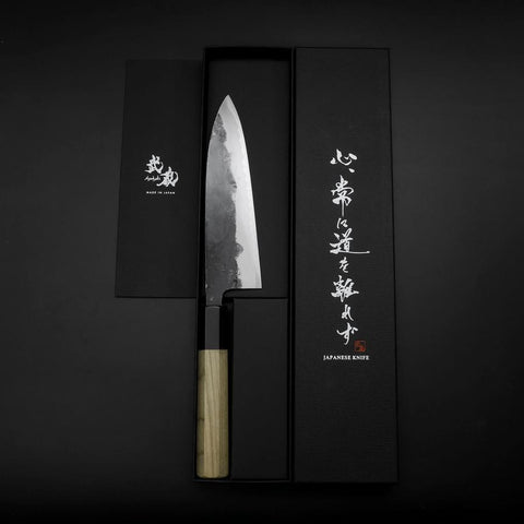 Funayuki Sabaki Blue Steel #1 Kurouchi Buffalo Magnolia Handle 165mm (6.5”)-[Musashi]-[Japanese-Kitchen-Knives]