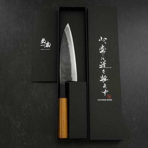 Funayuki Sabaki Blue Steel #2 Kurouchi Buffalo Teak Handle 165mm (6.5”)-[Musashi]-[Japanese-Kitchen-Knives]