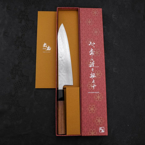 Gyuto AUS-10 Mirror Tsuchime Damascus Buffalo Teak Handle 210mm (8.3”)-[Musashi]-[Japanese-Kitchen-Knives]