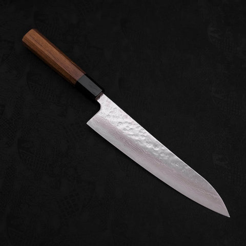 Gyuto AUS-10 Mirror Tsuchime Damascus Buffalo Teak Handle 210mm (8.3”)-[Musashi]-[Japanese-Kitchen-Knives]