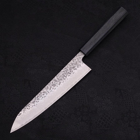 Gyuto AUS-10 Tsuchime Damascus Dark-Blue Urushi Handle 210mm (8.3”)-[Musashi]-[Japanese-Kitchen-Knives]