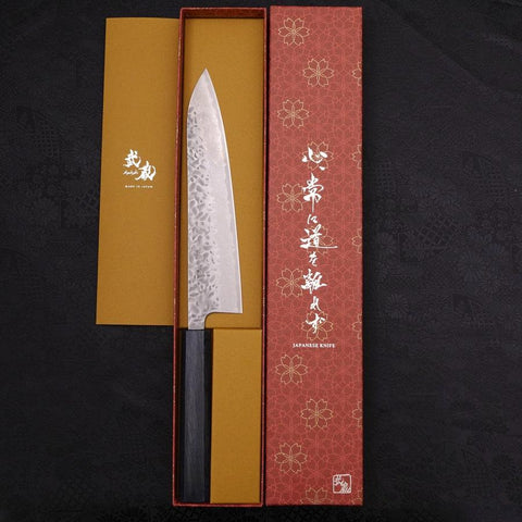 Gyuto AUS-10 Tsuchime Damascus Dark-Blue Urushi Handle 210mm (8.3”)-[Musashi]-[Japanese-Kitchen-Knives]