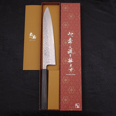 Gyuto AUS-10 Tsuchime Damascus Dark-Blue Urushi Handle 240mm (9.4”)-[Musashi]-[Japanese-Kitchen-Knives]