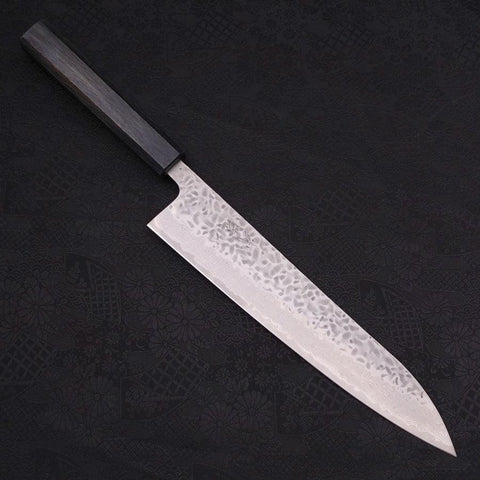 Gyuto AUS-10 Tsuchime Damascus Dark-Blue Urushi Handle 240mm (9.4”)-[Musashi]-[Japanese-Kitchen-Knives]