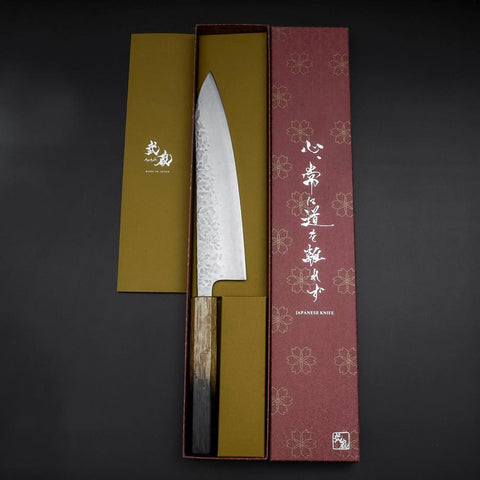 Gyuto AUS-10 Tsuchime Damascus Yaki Urushi Handle 210mm (8.3”)-[Musashi]-[Japanese-Kitchen-Knives]