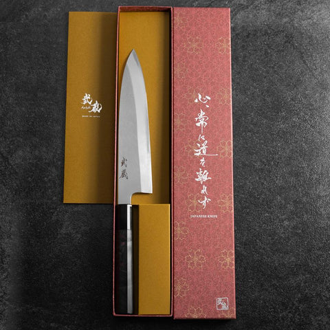 Gyuto Blue Steel #1 Suminagashi Buffalo Ebony Handle 200mm (7.9”)-[Musashi]-[Japanese-Kitchen-Knives]