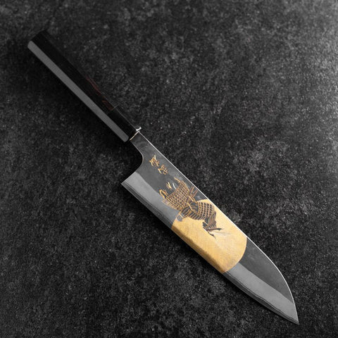 Gyuto Blue Steel #2 Kurouchi Chokin Samurai Full Moon Buffalo Ebony Handle 210mm (Asamura) (8.3”)-[Musashi]-[Japanese-Kitchen-Knives]