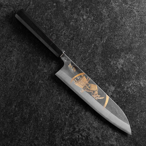 Gyuto Blue Steel #2 Kurouchi Chokin Samurai New-Moon Buffalo Ebony Handle 210mm (Asamura) (8.3”)-[Musashi]-[Japanese-Kitchen-Knives]
