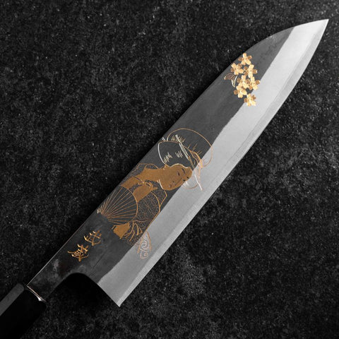 Gyuto Blue Steel #2 Kurouchi Chokin Ukiyo-E Buffalo Ebony Handle 210mm (Asamura) (8.3”)-[Musashi]-[Japanese-Kitchen-Knives]