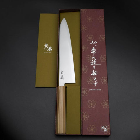 Gyuto Blue Steel #2 Polished Olive Handle 240mm (9.4”)-[Musashi]-[Japanese-Kitchen-Knives]
