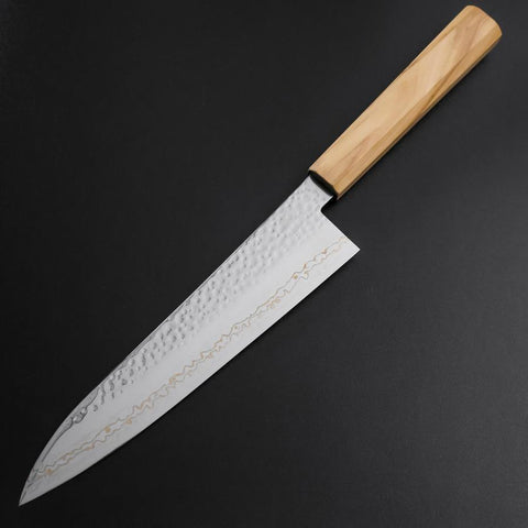 Gyuto SLD Nickel Tsuchime Colored Damascus Olive Handle 210mm Limited Edition (8.3”)-[Musashi]-[Japanese-Kitchen-Knives]