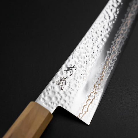 Gyuto SLD Nickel Tsuchime Colored Damascus Olive Handle 210mm Limited Edition (8.3”)-[Musashi]-[Japanese-Kitchen-Knives]
