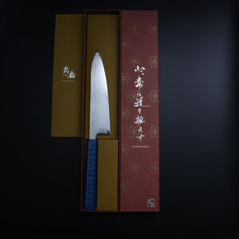 Gyuto SLD Wave Nickel Damascus Blue Urushi Handle 180mm (7”)-[Musashi]-[Japanese-Kitchen-Knives]