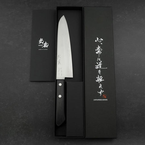 Gyuto VG-1 Polished Western Black Handle 180mm (Tsuba-nashi) (7”)-[Musashi]-[Japanese-Kitchen-Knives]