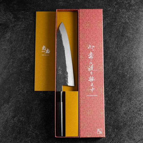 Gyuto White Steel #1 Kurouchi Tsuchime Buffalo Ebony Handle 210mm (8.3”)-[Musashi]-[Japanese-Kitchen-Knives]