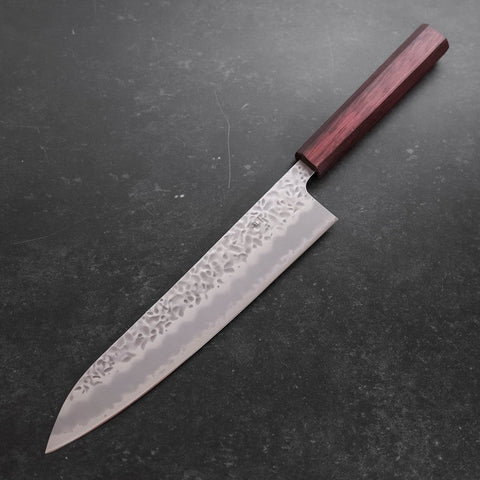 Gyuto White Steel #1 Stainless Clad Tsuchime Purple Urushi Handle 240mm (9.4”)-[Musashi]-[Japanese-Kitchen-Knives]