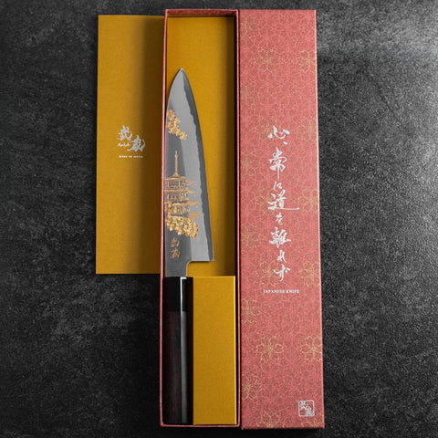 Gyuto White Steel #2 Chokin Kasumi Pagoda Sakura Buffalo Ebony Handle 210mm (8.3”)-[Musashi]-[Japanese-Kitchen-Knives]