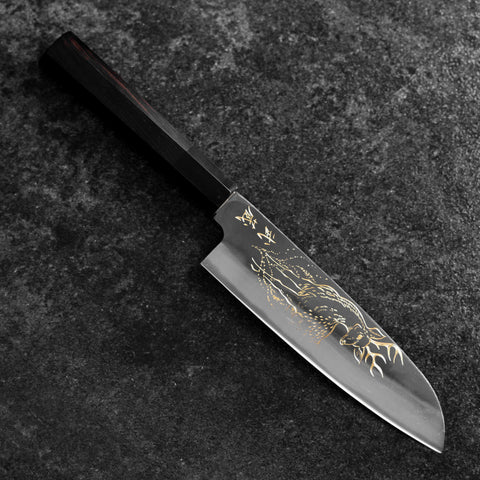 Santoku Blue Steel #2 Kurouchi Chokin Deer Buffalo Ebony Handle 165mm (6.5")