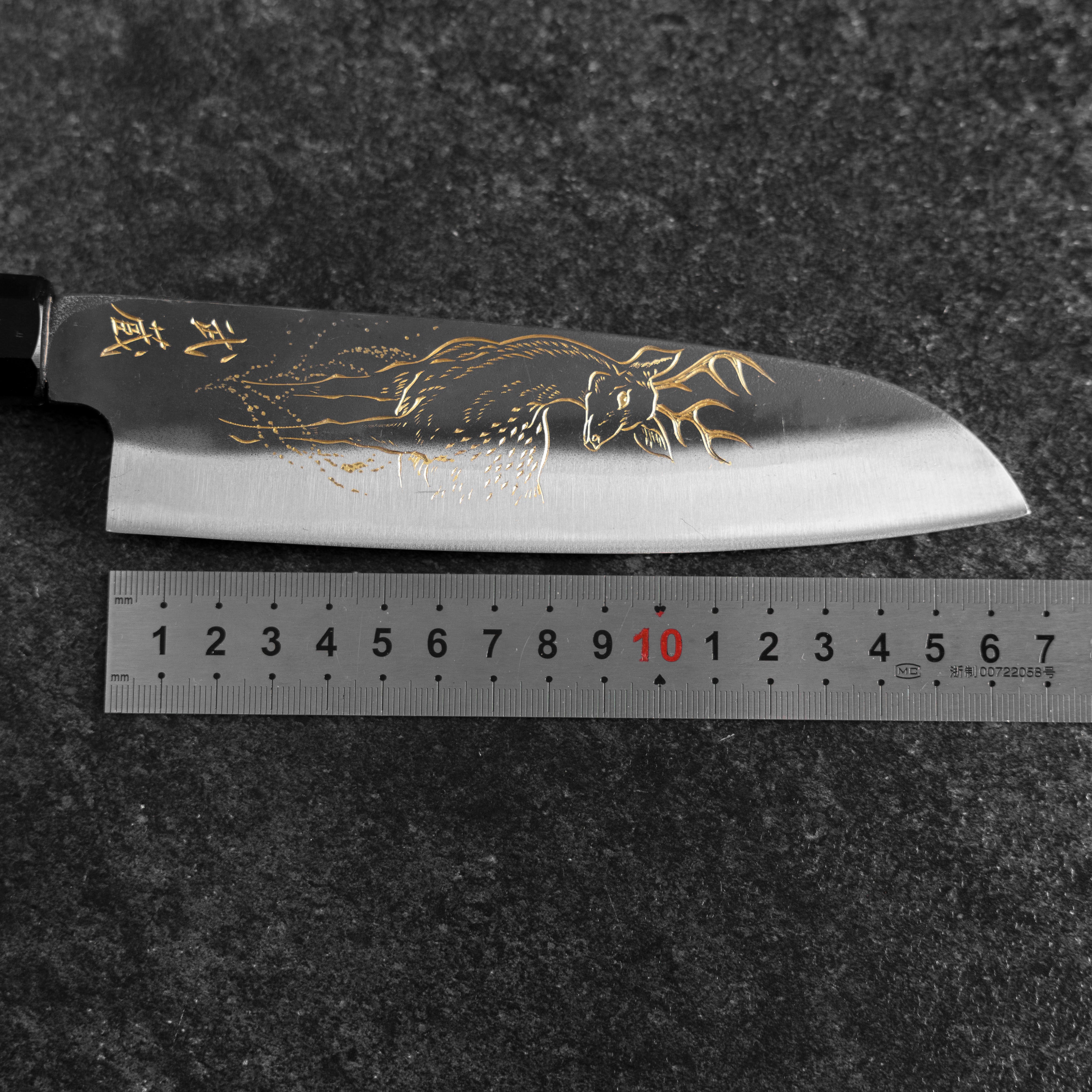Santoku Blue Steel #2 Kurouchi Chokin Deer Buffalo Ebony Handle 165mm (6.5