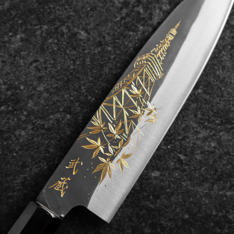 Santoku Blue Steel #2 Kurouchi Chokin Tokyo Tower & Maple Leaves Buffalo Ebony Handle 165mm (6.5")Santoku Blue Steel #2 Kurouchi Chokin Tokyo Tower & Maple Leaves Buffalo Ebony Handle 165mm (6.5")