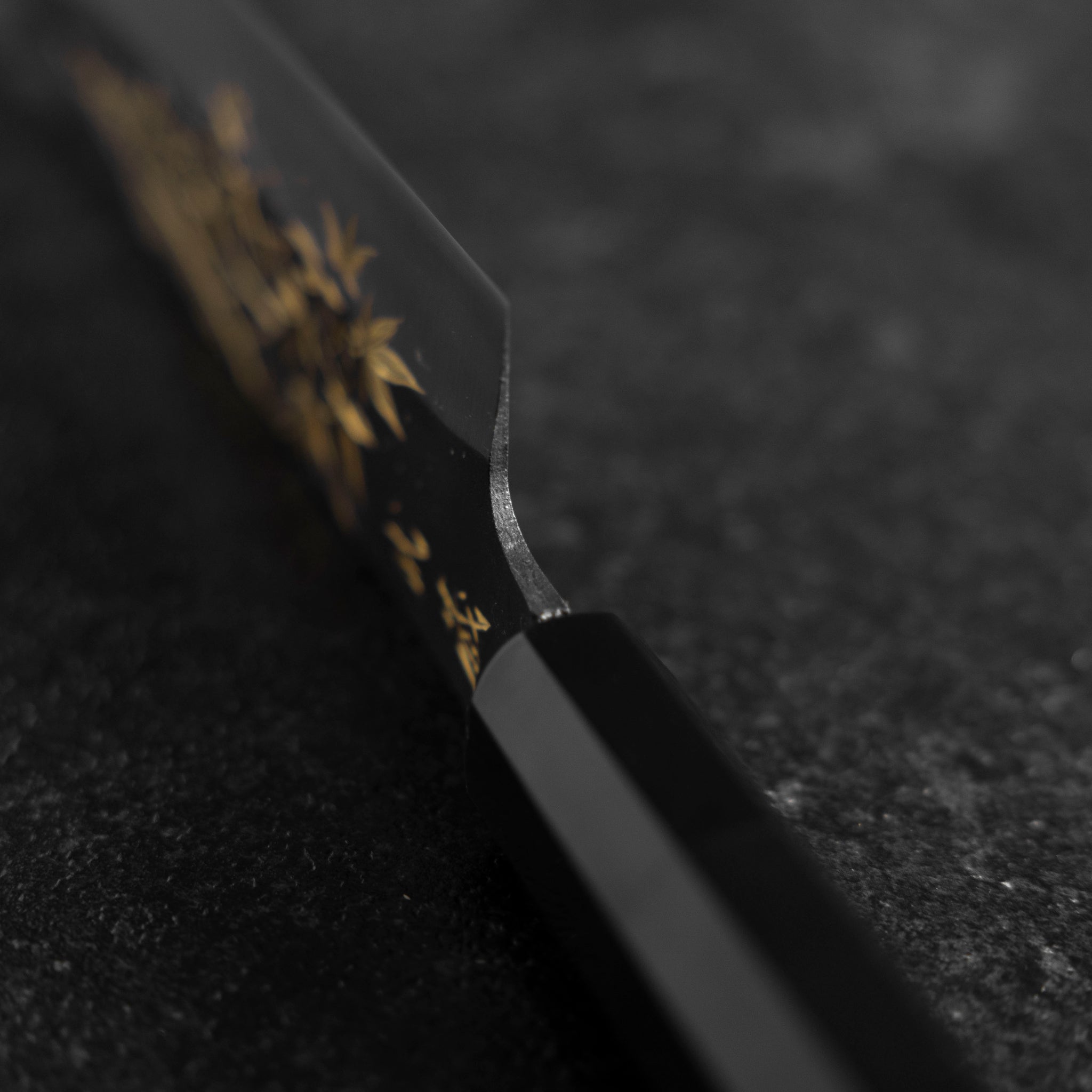 Santoku Blue Steel #2 Kurouchi Chokin Tokyo Tower & Maple Leaves Buffalo Ebony Handle 165mm (6.5