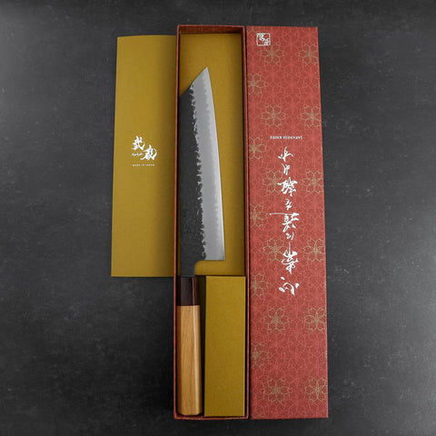 Kiritsuke Blue Super Kurouchi Tsuchime Zelkova Handle 210mm (8.3”)-[Musashi]-[Japanese-Kitchen-Knives]