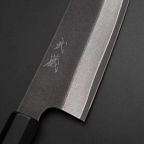 Kiritsuke Cobalt Stainless HRC62 Kurouchi Damascus Buffalo Ebony Handle 210mm (8.3”)-[Musashi]-[Japanese-Kitchen-Knives]