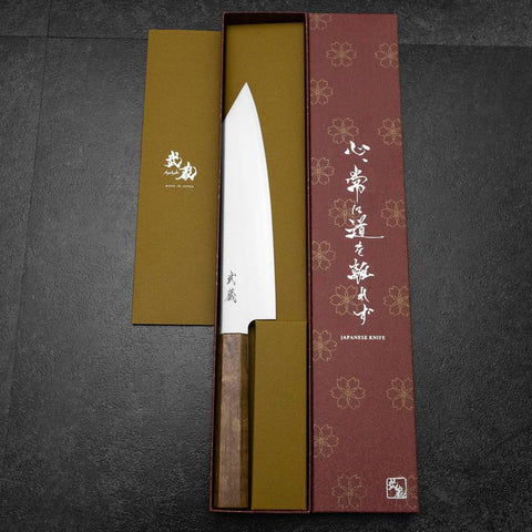Kiritsuke Gyuto Blue Steel #2 Polished Stainless Clad Olive Handle 210mm (8.3”)-[Musashi]-[Japanese-Kitchen-Knives]