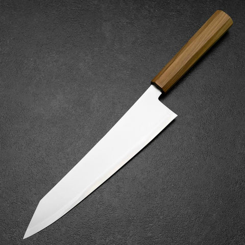 Kiritsuke Gyuto Blue Steel #2 Polished Stainless Clad Olive Handle 240mm (9.4”)-[Musashi]-[Japanese-Kitchen-Knives]