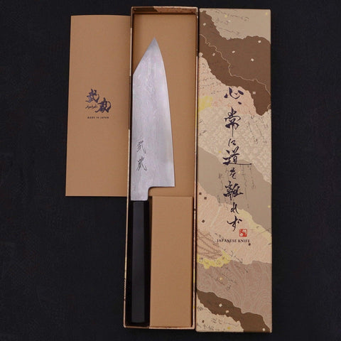 Kiritsuke Santoku Blue Steel #1 Suminagashi Buffalo Ebony Handle 170mm (6.7”)-[Musashi]-[Japanese-Kitchen-Knives]