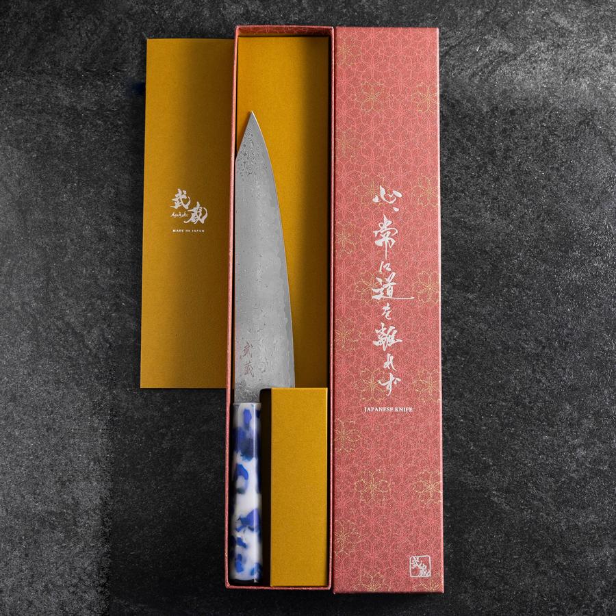 Kiritsuke VG-10 Damascus Ocean Blue-White Mix Handle 210mm (8.3”)-[Musashi]-[Japanese-Kitchen-Knives]