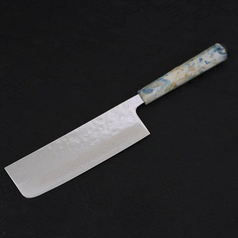 Nakiri AUS-10 Nashiji Damascus Ocean White Mix Handle 165mm (6.5”)-[Musashi]-[Japanese-Kitchen-Knives]