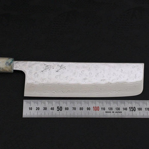 Nakiri AUS-10 Nashiji Damascus Ocean White Mix Handle 165mm (6.5”)-[Musashi]-[Japanese-Kitchen-Knives]