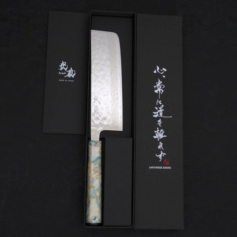 Nakiri AUS-10 Nashiji Damascus Ocean White Mix Handle 165mm (6.5”)-[Musashi]-[Japanese-Kitchen-Knives]