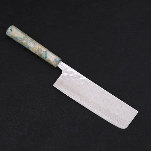 Nakiri AUS-10 Nashiji Damascus Ocean White Mix Handle 165mm (6.5”)-[Musashi]-[Japanese-Kitchen-Knives]
