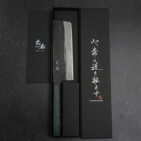 Nakiri Blue Steel #1 Kurouchi Dark Blue Urushi Handle 165mm (6.5”)-[Musashi]-[Japanese-Kitchen-Knives]