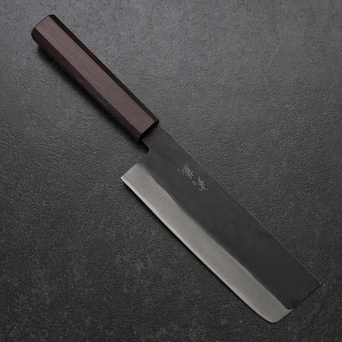 Nakiri Blue Steel #1 Stainless Clad Kurouchi Purple Urushi Handle 165mm (6.5”)-[Musashi]-[Japanese-Kitchen-Knives]