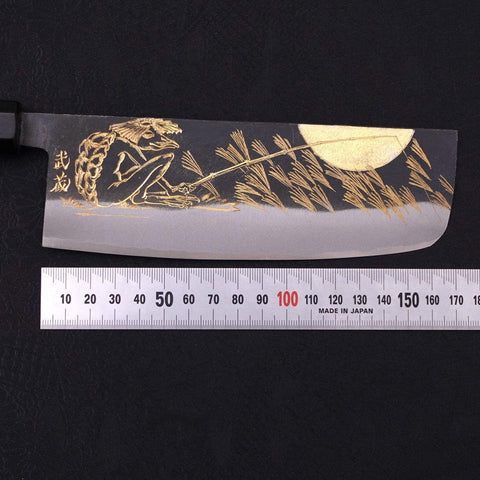 Nakiri Blue Steel #2 Kurouchi Chokin Kappa Fishing Focus Buffalo Ebony Handle 165mm (6.5”)-[Musashi]-[Japanese-Kitchen-Knives]