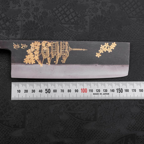 Nakiri Blue Steel #2 Kurouchi Chokin Sakura Five Story Pagoda Buffalo Ebony Handle 165mm (6.5”)-[Musashi]-[Japanese-Kitchen-Knives]