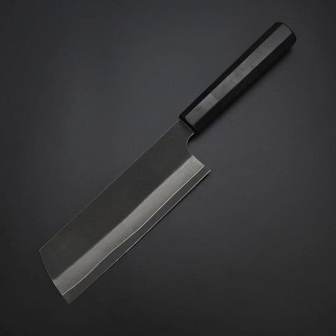 Nakiri Cobalt Stainless HRC62 Kurouchi Damascus Buffalo Ebony Handle 165mm (6.5”)-[Musashi]-[Japanese-Kitchen-Knives]