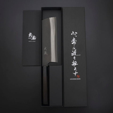Nakiri Cobalt Stainless HRC62 Kurouchi Damascus Buffalo Ebony Handle 165mm (6.5”)-[Musashi]-[Japanese-Kitchen-Knives]