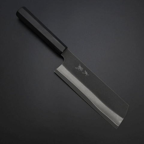 Nakiri Cobalt Stainless HRC62 Kurouchi Damascus Buffalo Ebony Handle 165mm (6.5”)-[Musashi]-[Japanese-Kitchen-Knives]
