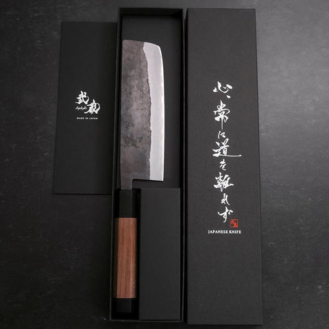 Nakiri Stainless Clad Blue Steel #2 Kurouchi Walnut Handle 165mm (6.5”)-[Musashi]-[Japanese-Kitchen-Knives]