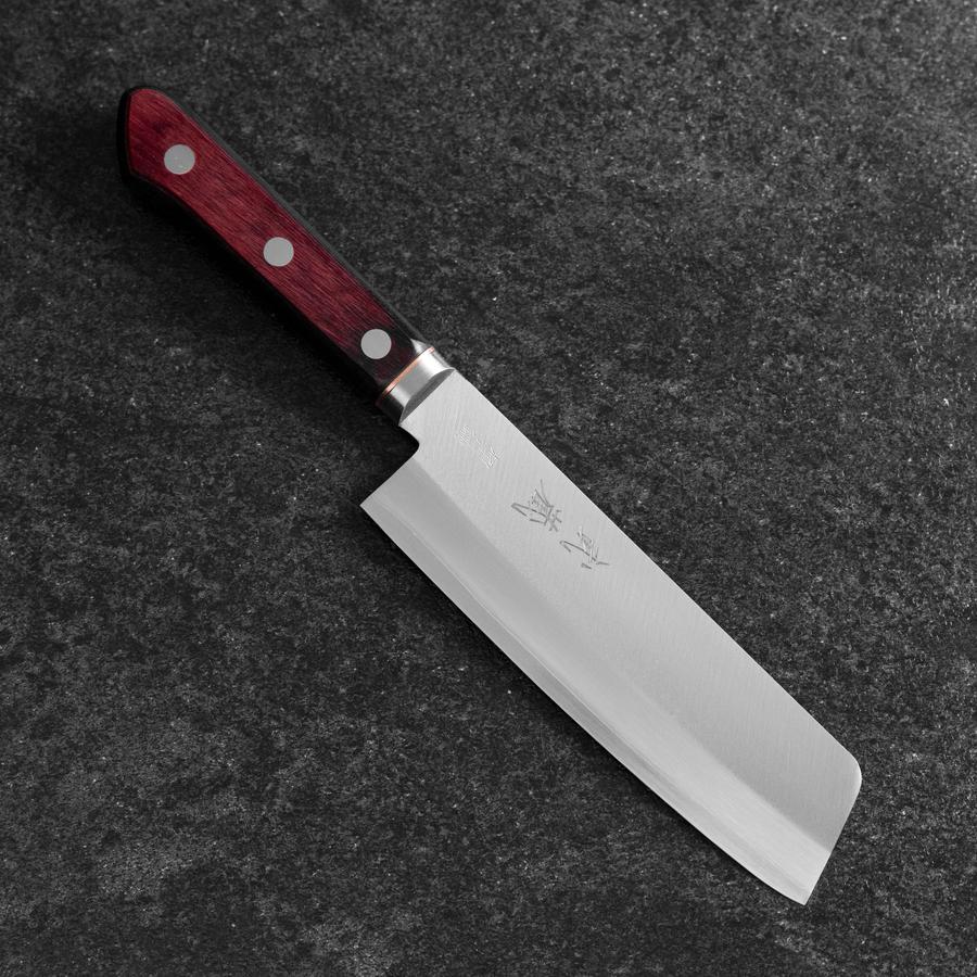 Nakiri Stainless Clad Blue Super Polished Western Black Red Handle 160mm (6.3”)-[Musashi]-[Japanese-Kitchen-Knives]